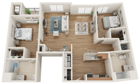 Floor plan for 2 beds, 2 baths, 1350 sqft